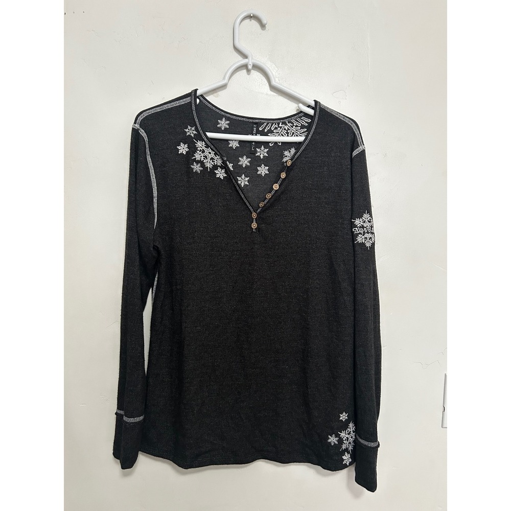 Alp-n-Rock Women Charcoal Grey Snowflake Embroidered Henley Top Size L 4